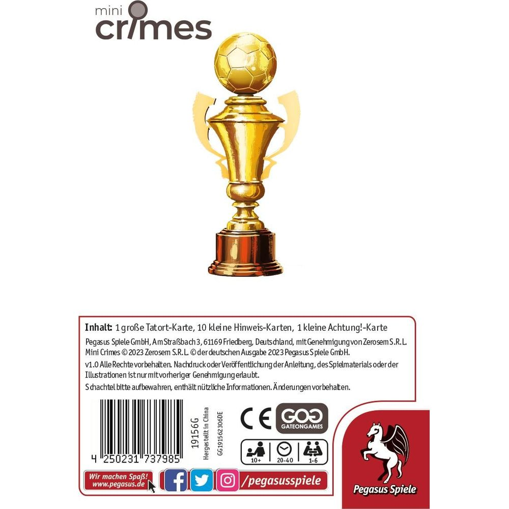 Trofeo d'oro di calcio sopra il nome del gioco 'Mini Crimes'. Include informazioni.