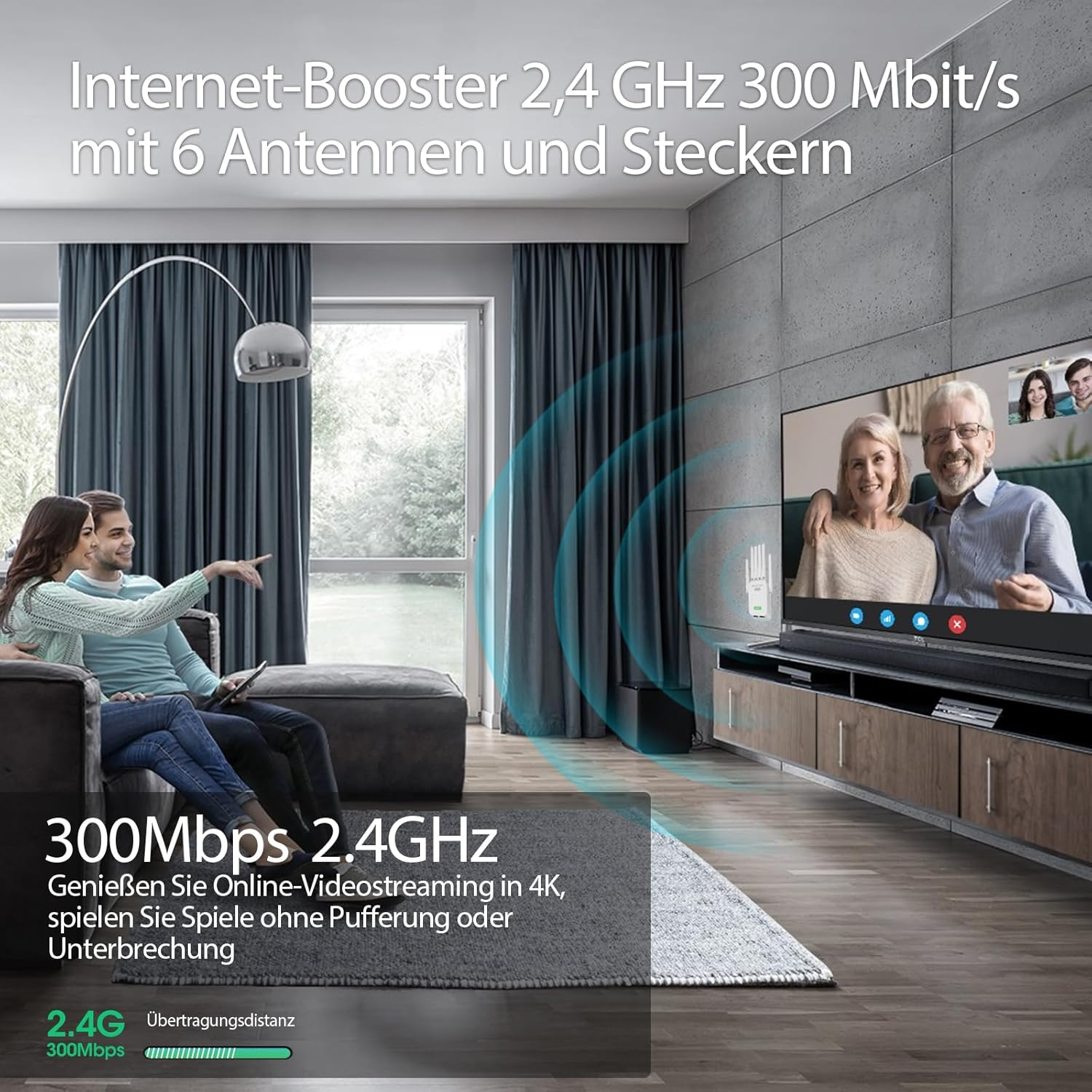 Internet-Booster mit 6 Antennen. Paar sitzt auf Couch, schaut TV mit Videoanruf.