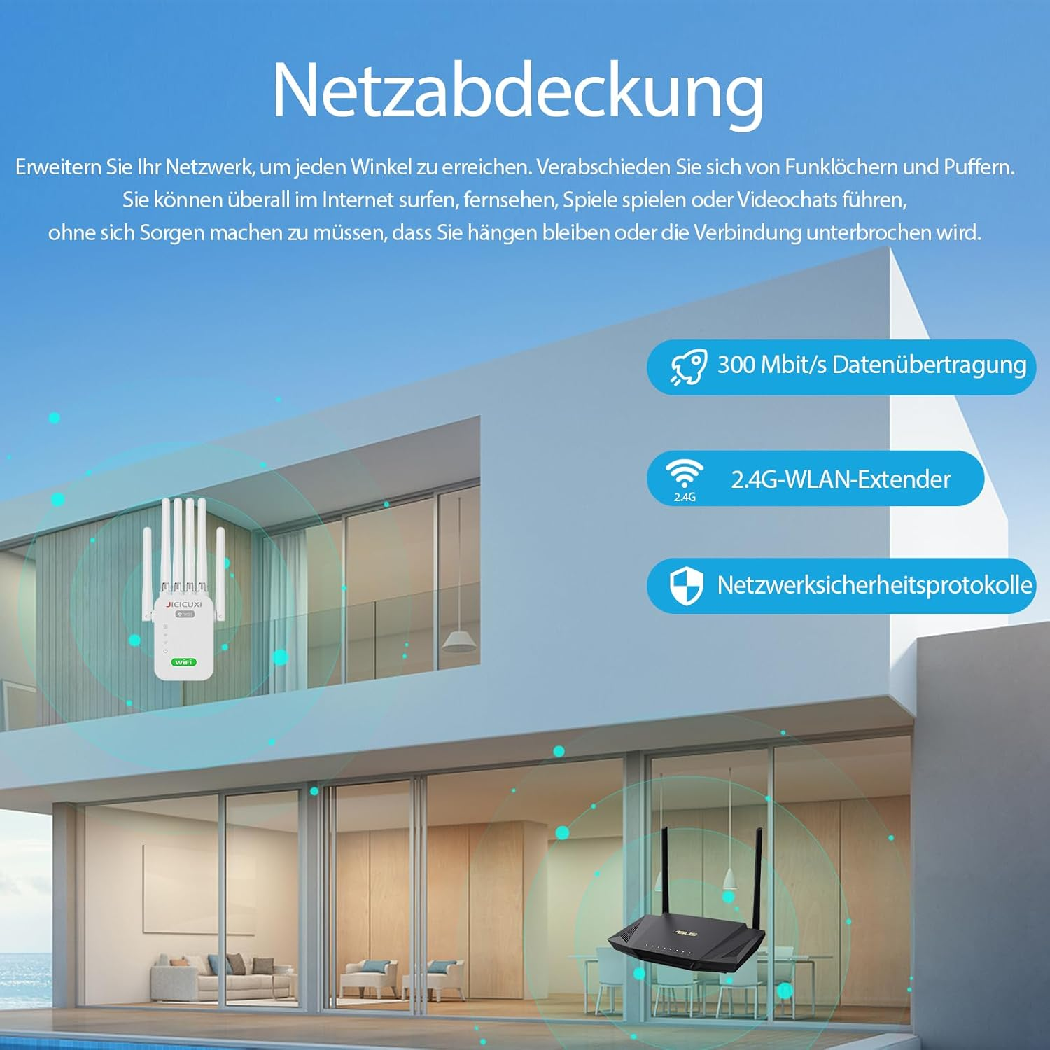 Ein WLAN-Extender und Router vor einem modernen Haus. Mit Datenübertragungsraten.