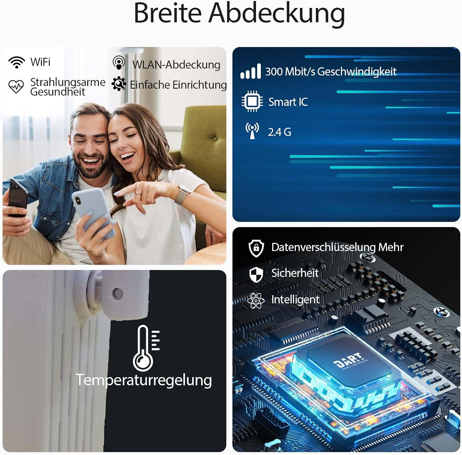 Paar mit Handys, WLAN-Info, Geschwindigkeitsanzeige, Heizkörper, Chip.