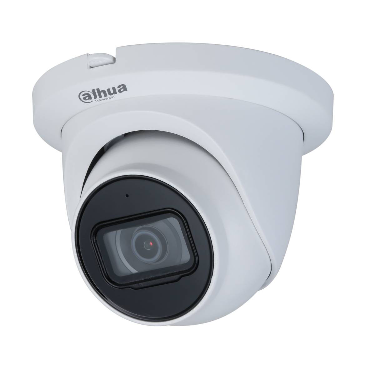 Una telecamera di sicurezza Dahua bianca con corpo e lente rotondi.