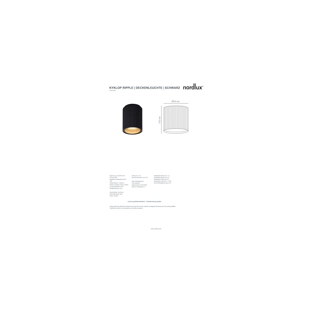 Plafoniera cilindrica nera Nordlux con scanalature e dimensioni.