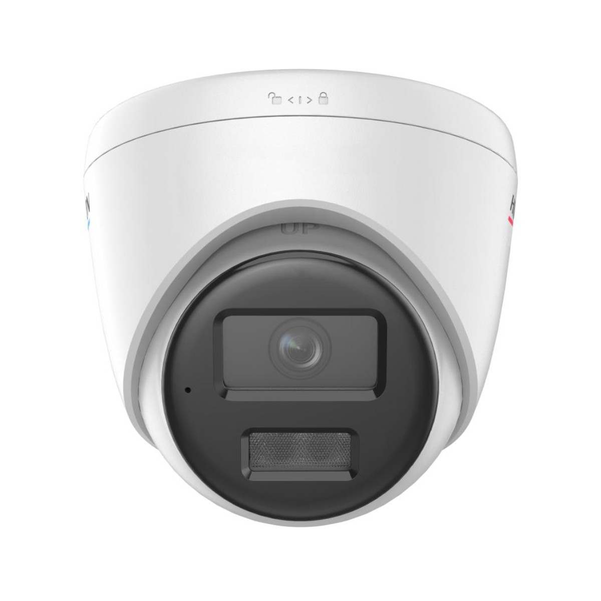 Una telecamera di sicurezza bianca con lente nera e LED a infrarossi.