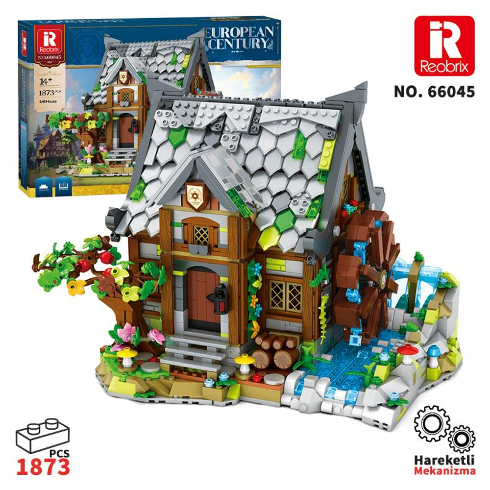 Su çarkı ve ağacı olan ortaçağ evi Lego modeli.