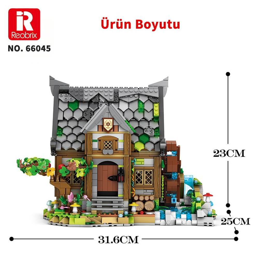 Su çarkı ve yeşil çevresi olan detaylı bir Lego ev modeli.