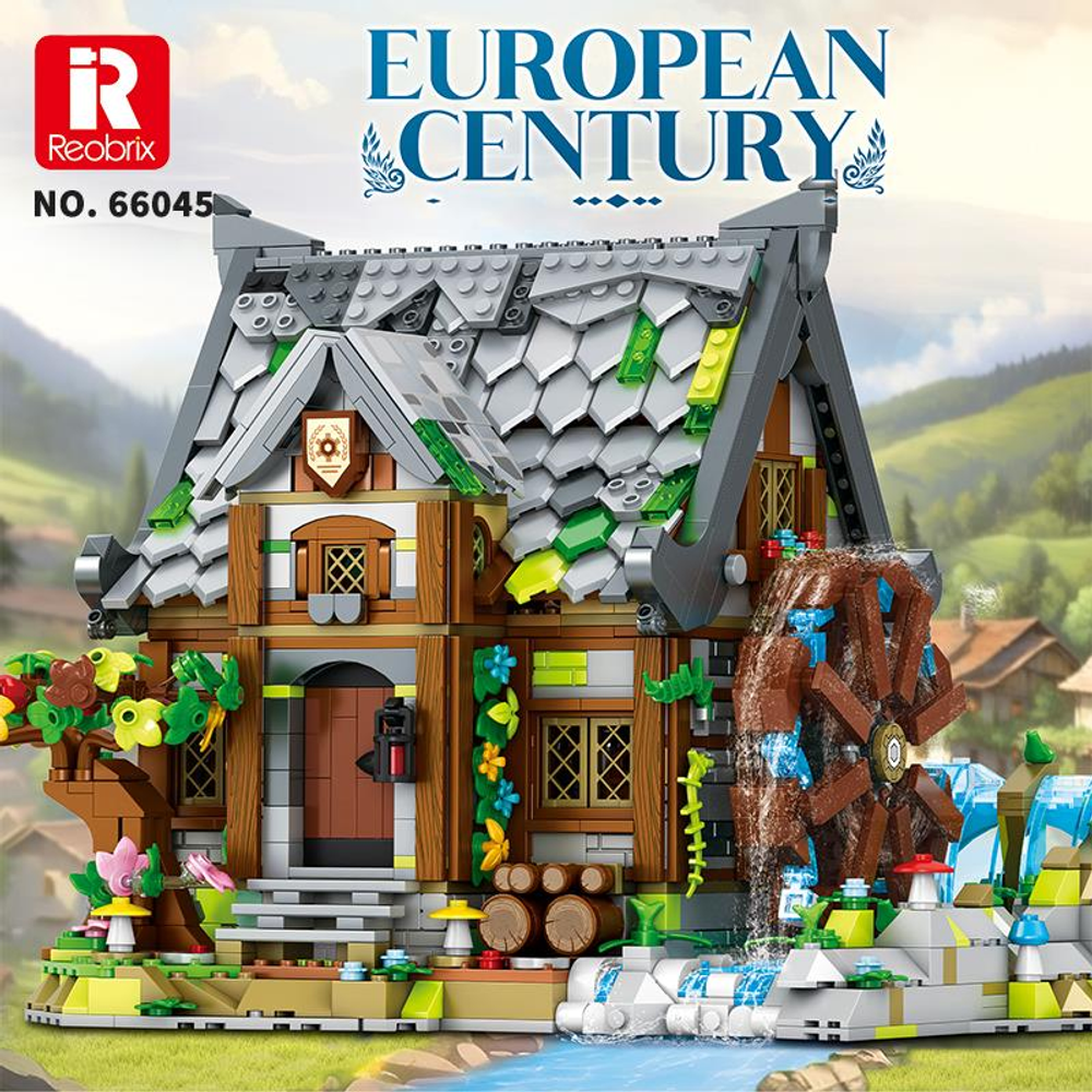 Detaylı çatı, duvar ve çark yapısına sahip bir LEGO su değirmeni evi.