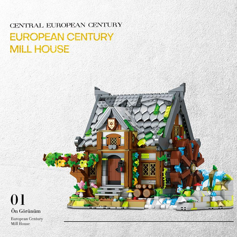 Su çarkı, ağaçları ve deresi olan ortaçağ değirmen evi Lego modeli.