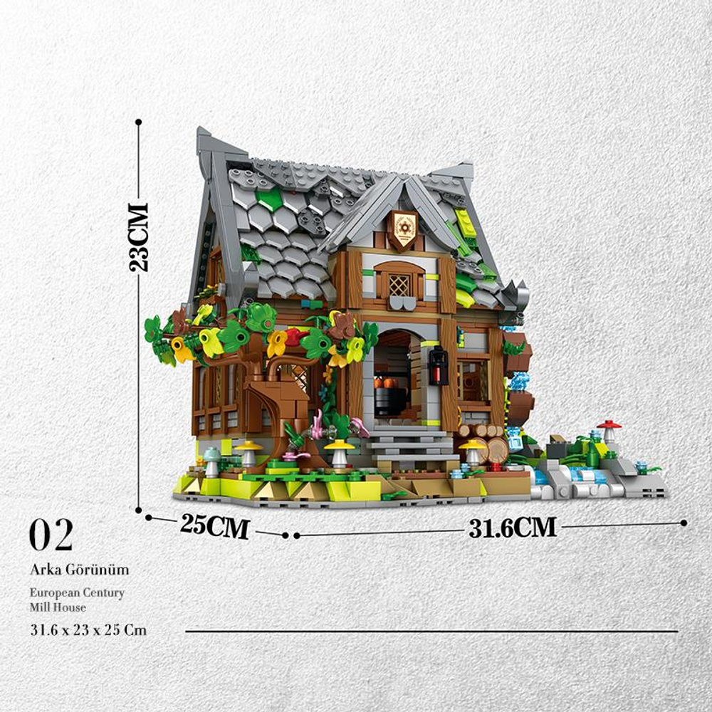Ağaçlar, bitkiler ve su öğesi içeren detaylı bir Avrupa yel değirmeni evi Lego modeli.