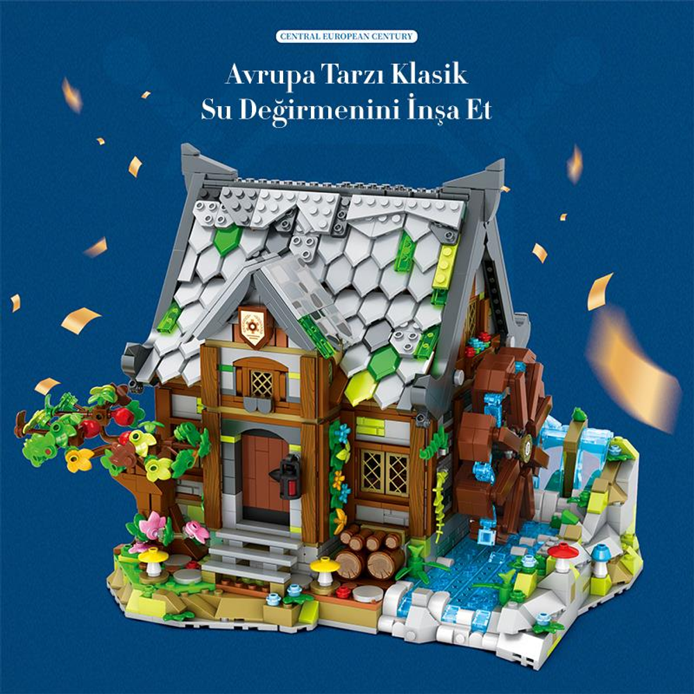 Ahşap detaylı, çarklı Lego su değirmeni modeli ve çevresindeki doğa.