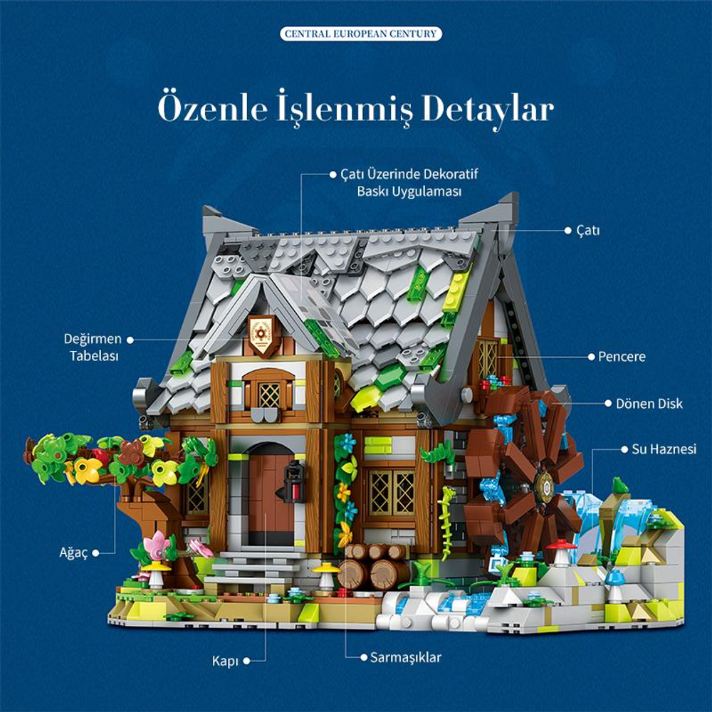 Su çarkı, ağaç ve çiçekleri olan detaylı LEGO ev modeli.