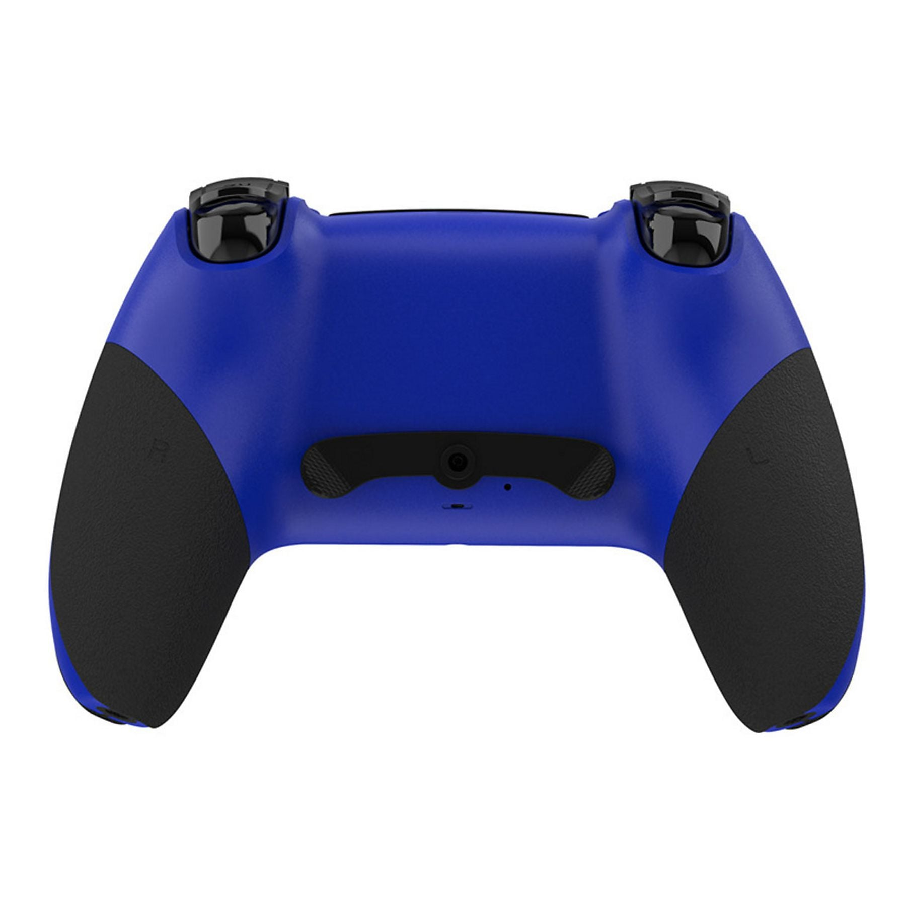 Eine blaue Spielkonsole mit schwarzen Griffen, Ansicht von hinten.
