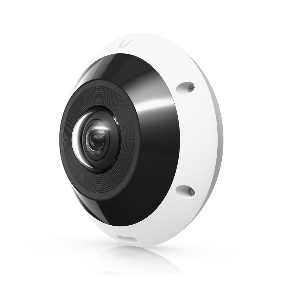A white 360-degree camera with a black lens and a small logo.