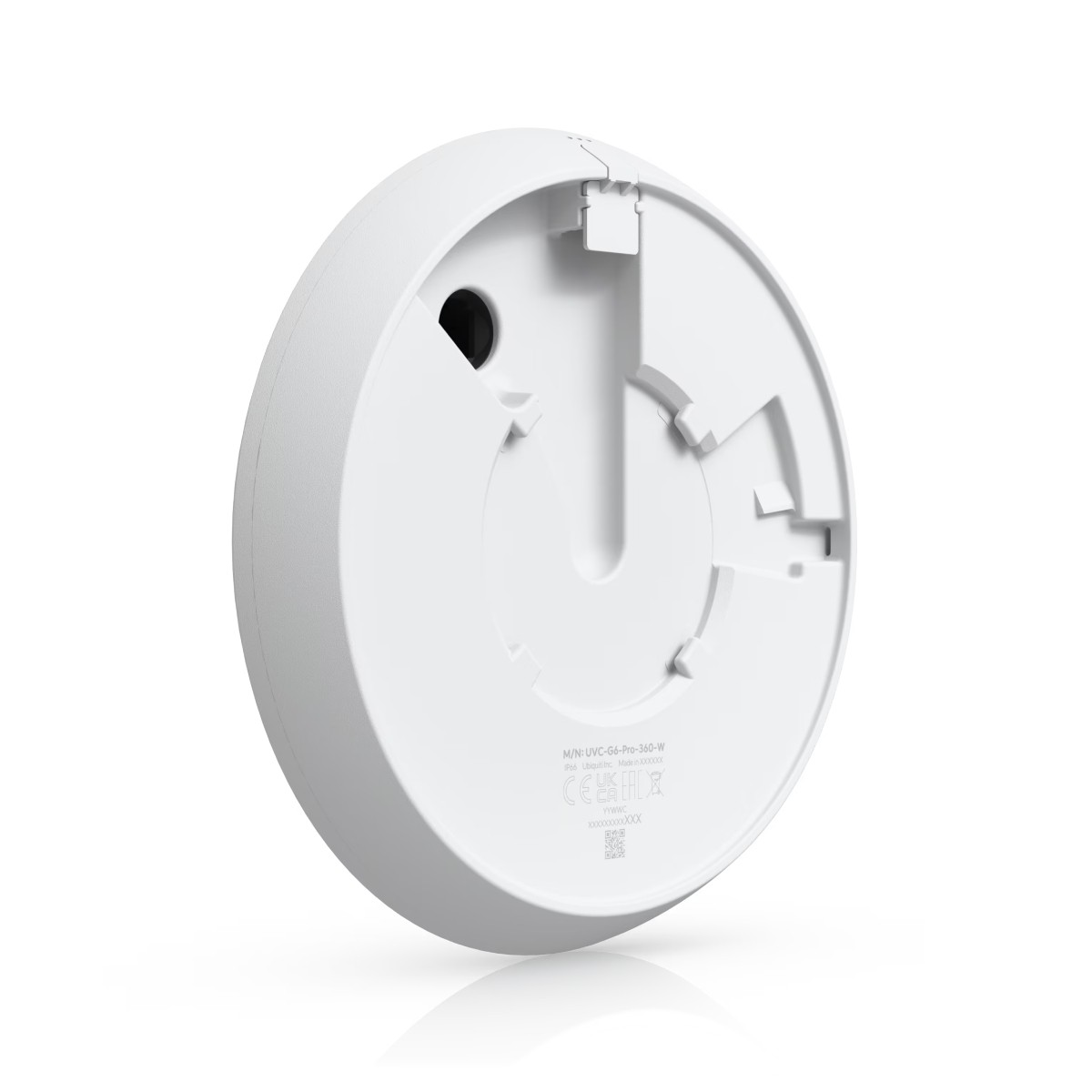 White round device back with mounting brackets and product information.