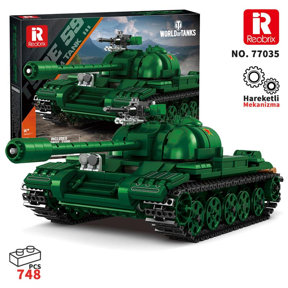 Reobrix logosu ve World of Tanks markası taşıyan yeşil oyuncak tank yapım kitleri.