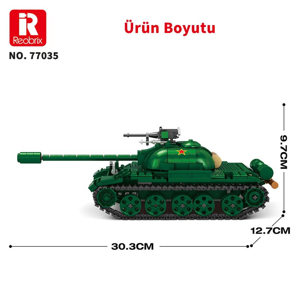 30,3x9,7x12,7 cm ölçülerinde yeşil oyuncak tank.