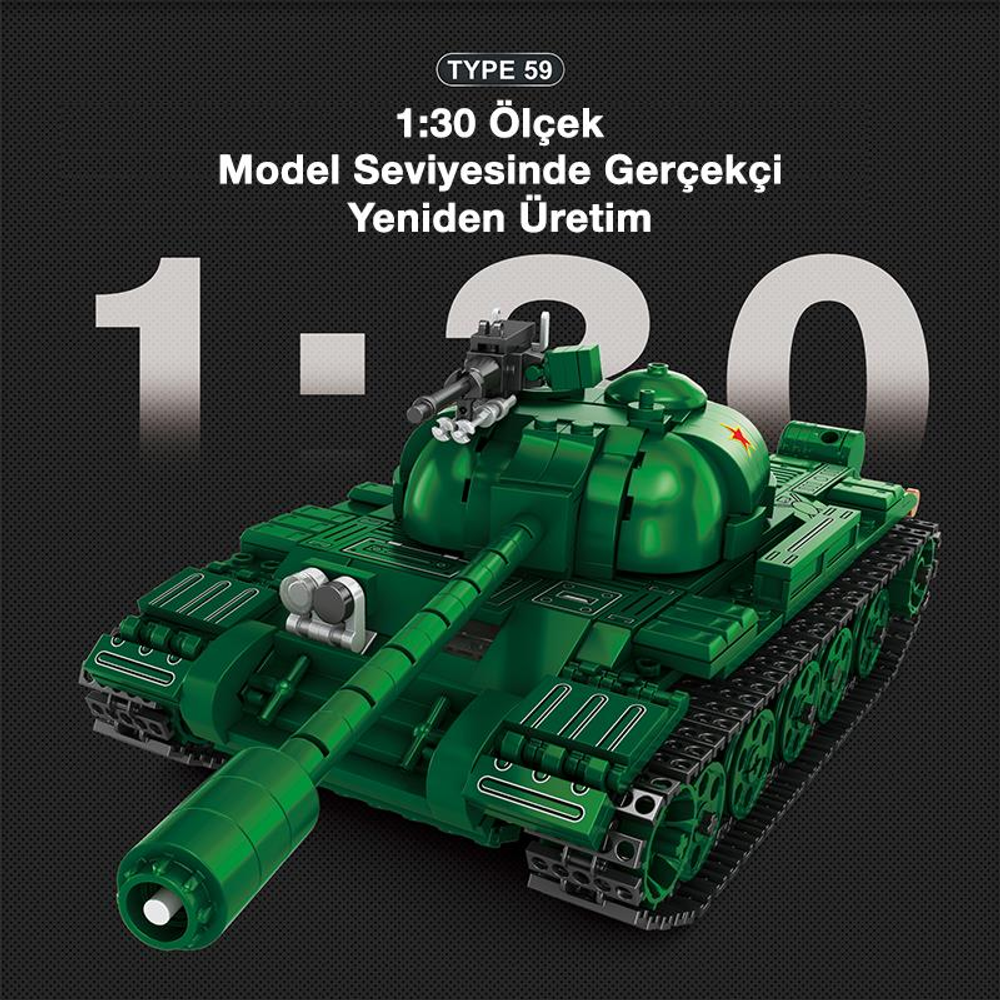 Yeşil Tip 59 oyuncak tank, 1:30 ölçekli, detaylı replika özellikli.