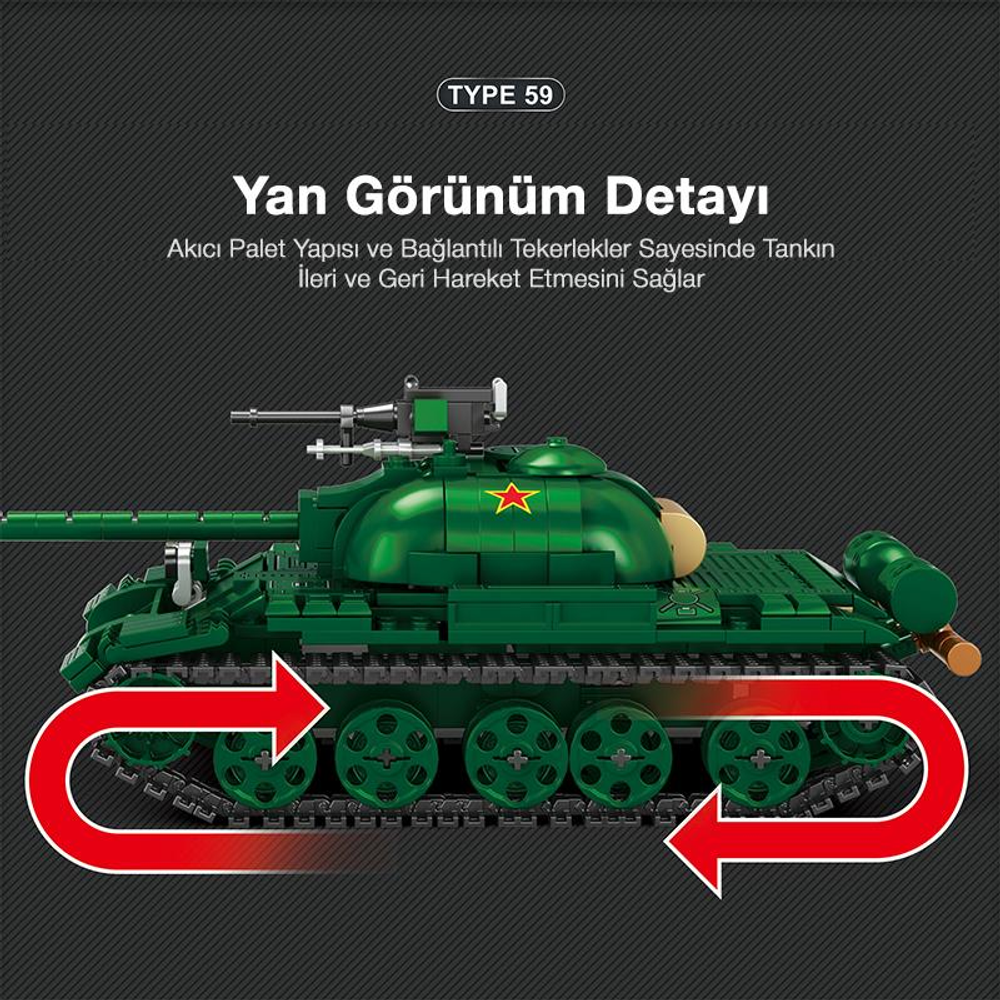Yeşil Type 59 oyuncak tank, hareketi gösteren kırmızı oklarla.
