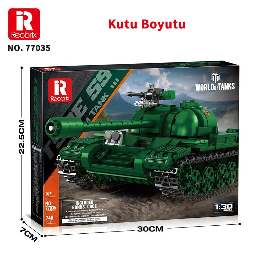 Reobrix "E 59" tank maket seti, 748 parça, 1:30 ölçek, World of Tanks temalı.