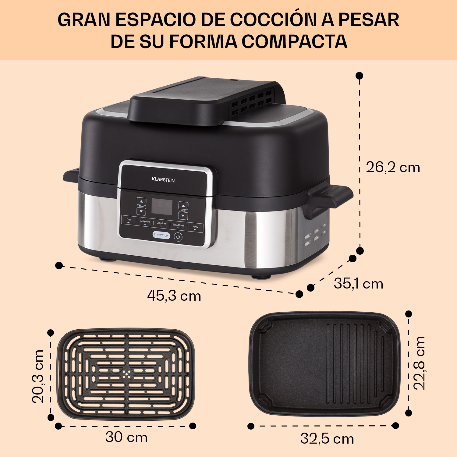 Friggitrice ad aria Klarstein con accessori e dimensioni.