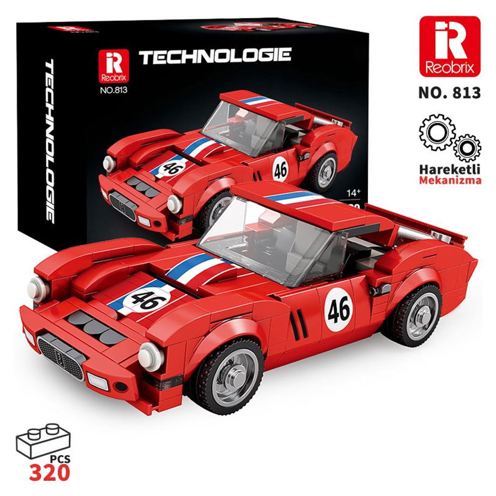 46 numaralı, mavi ve beyaz çizgili iki kırmızı Lego araba.