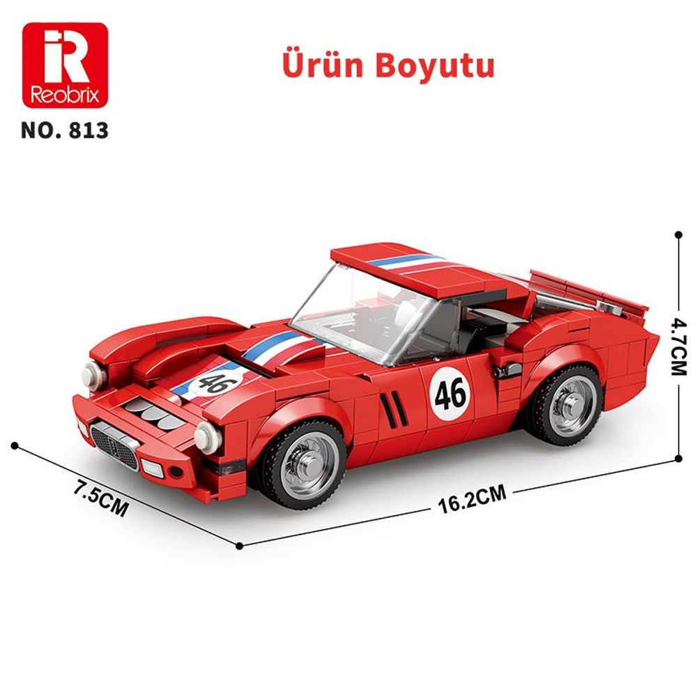 7.5cm, 16.2cm, 4.7cm boyutlarında kırmızı oyuncak araba modeli. 46 numarası görünür.