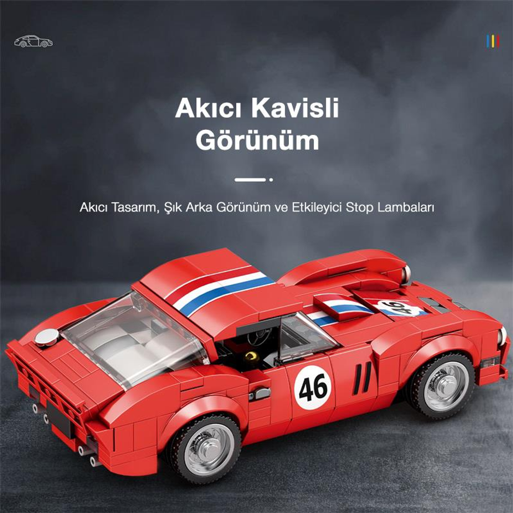 Tavanında mavi ve beyaz çizgiler ile 46 numaralı kırmızı Lego yarış arabası.