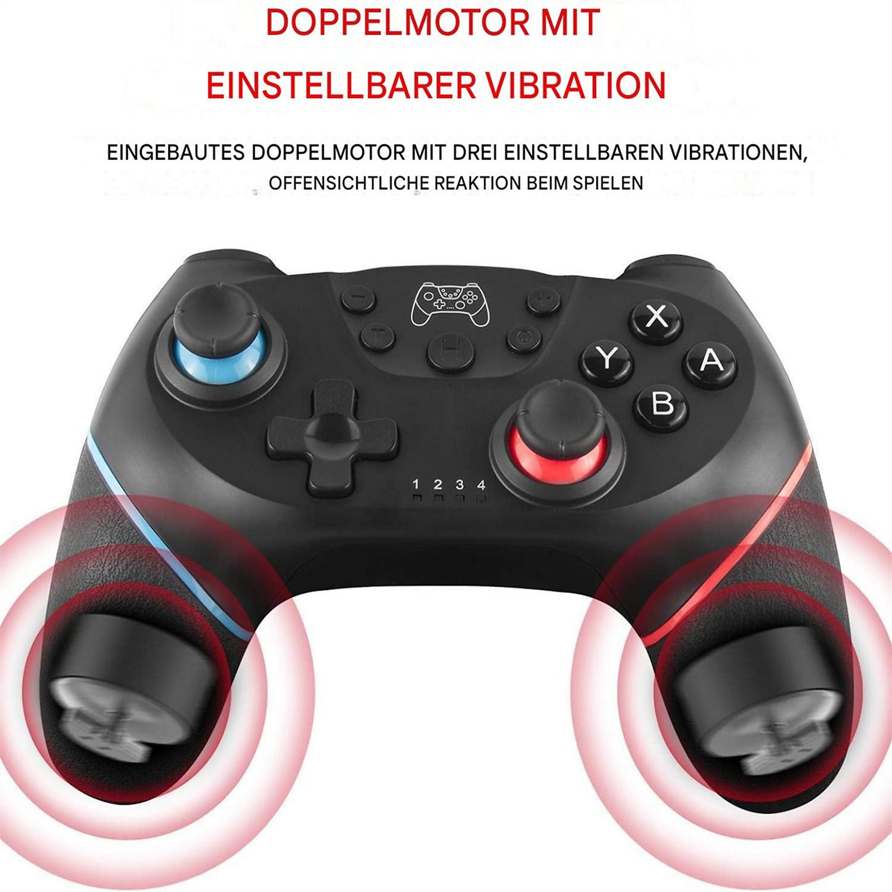 Schwarzer Gaming-Controller mit roten und blauen Akzenten und Vibrationsanzeigen.