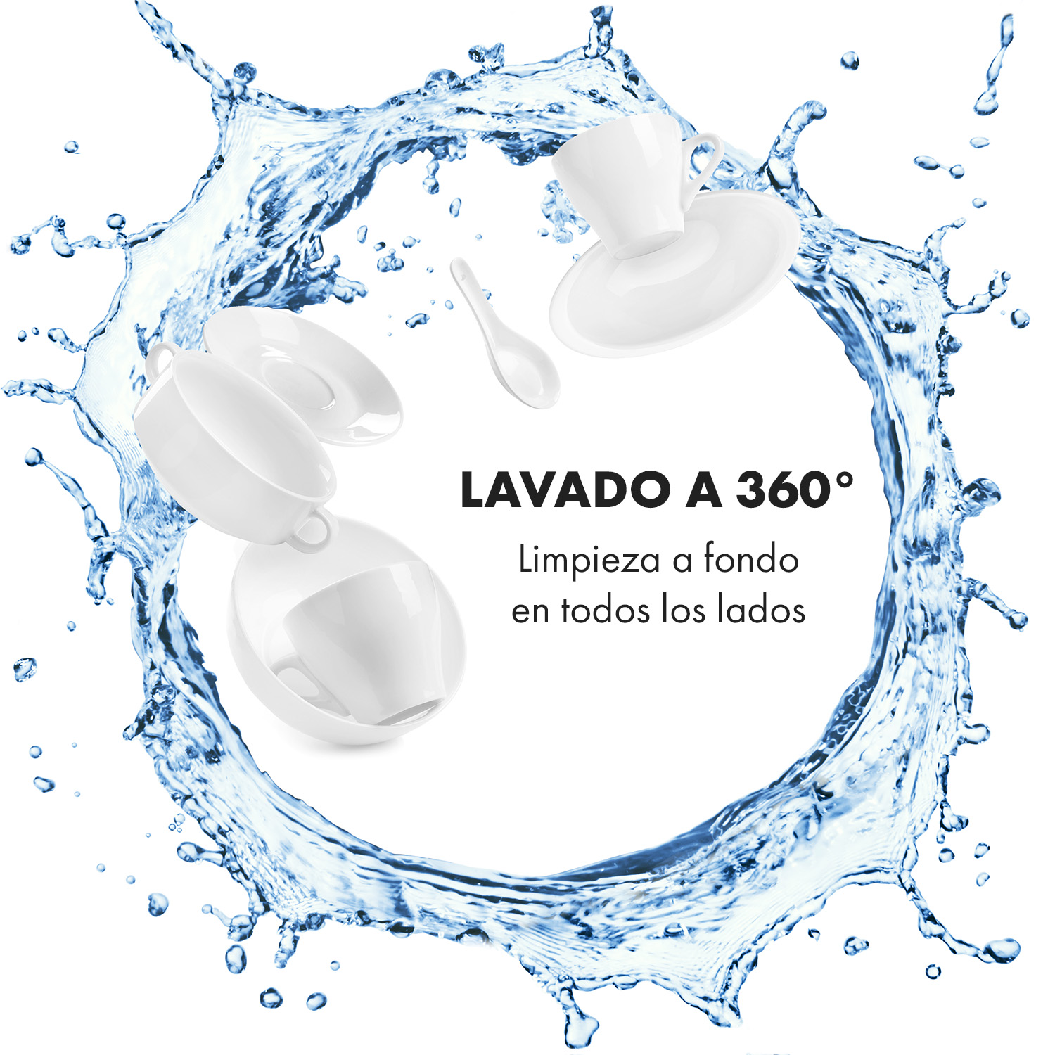 Tazzine e piattini bianchi lavati in uno schizzo d'acqua a 360°.