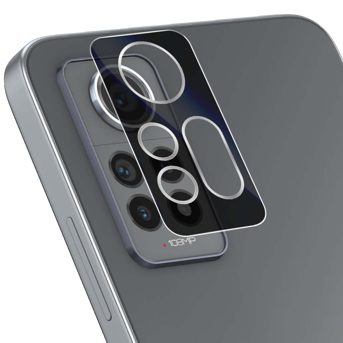 Een glazen lens beschermt de drie cameralensjes en flitser van een smartphone.