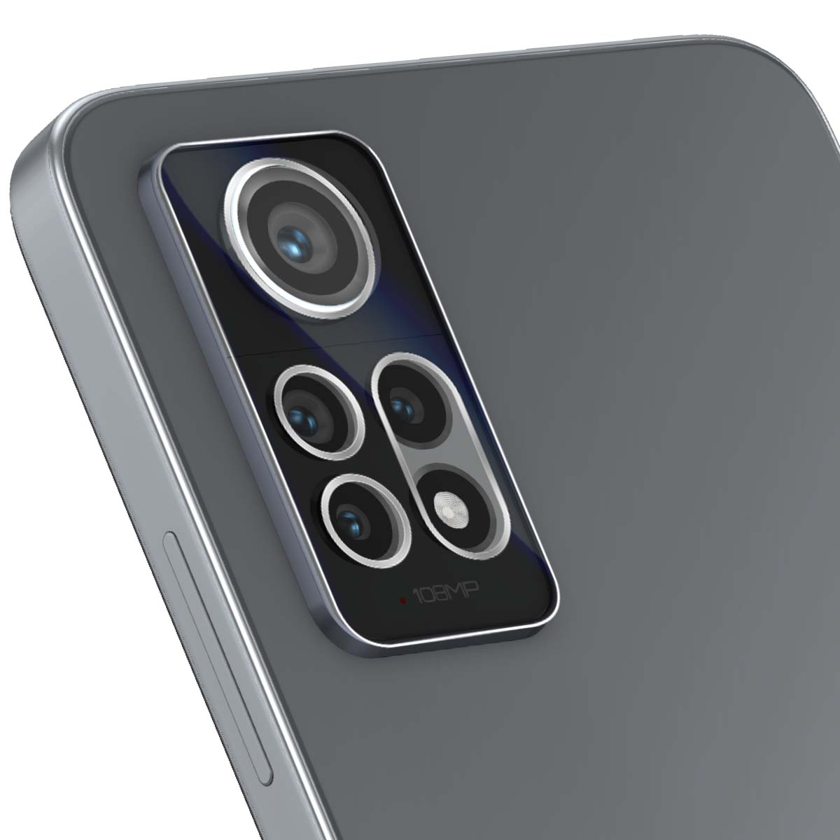 Close-up van de cameraplaats aan de achterkant van een smartphone met 4 lenzen en "108MP".