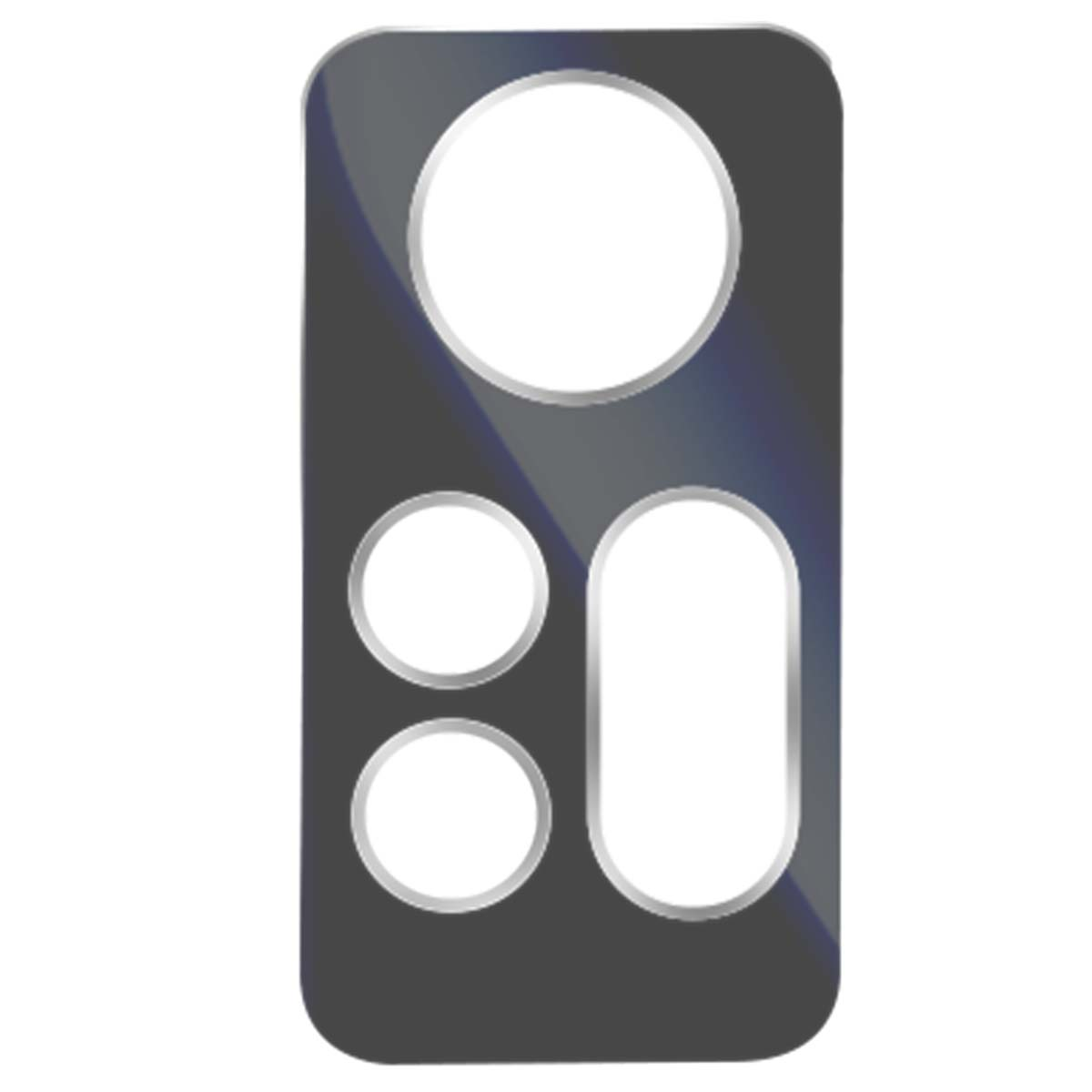 Donkergrijs camerframe met drie ronde en één ovale uitsparing.