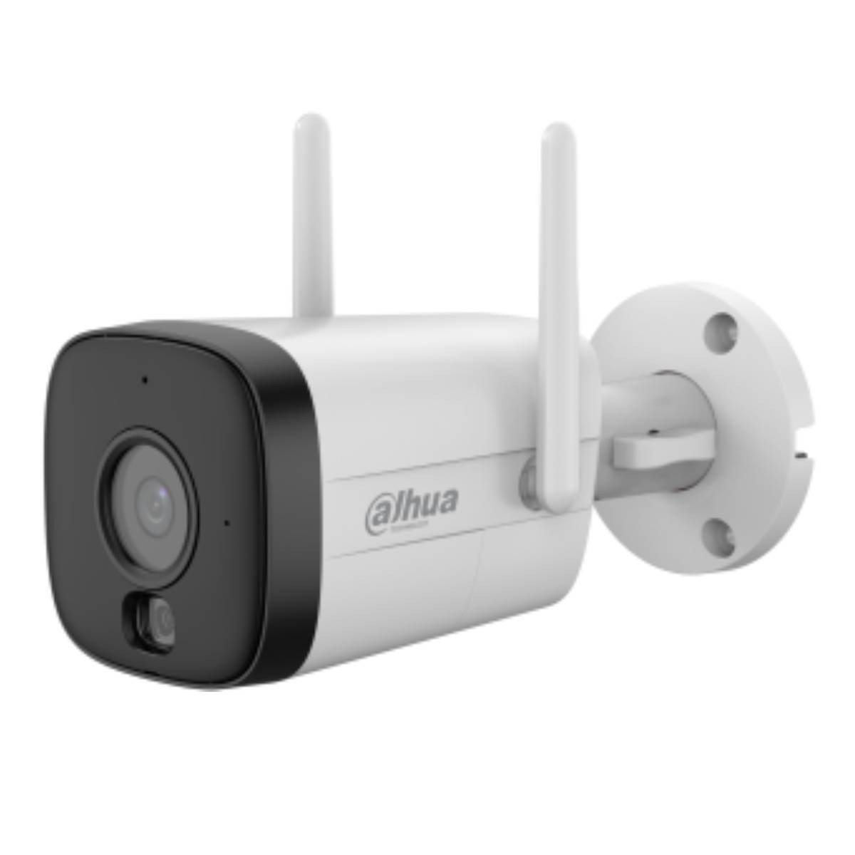 Una telecamera di sicurezza Dahua bianca con due antenne e una staffa.