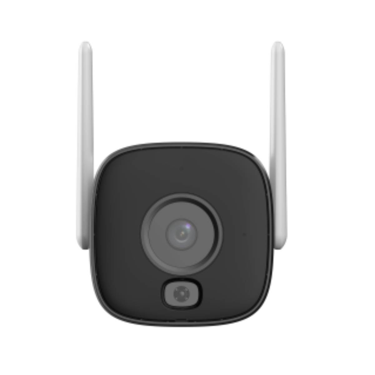 Una telecamera di sicurezza nera con due antenne su sfondo bianco.