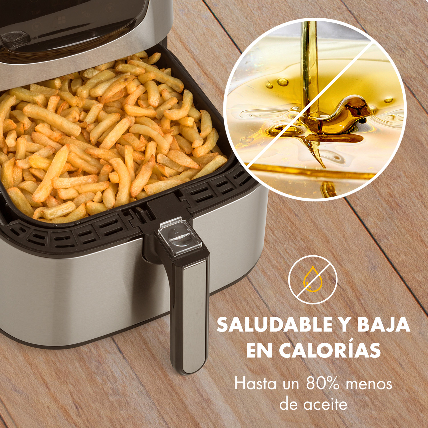 Friggitrice ad aria piena di patatine fritte, con un cerchio che mostra olio.