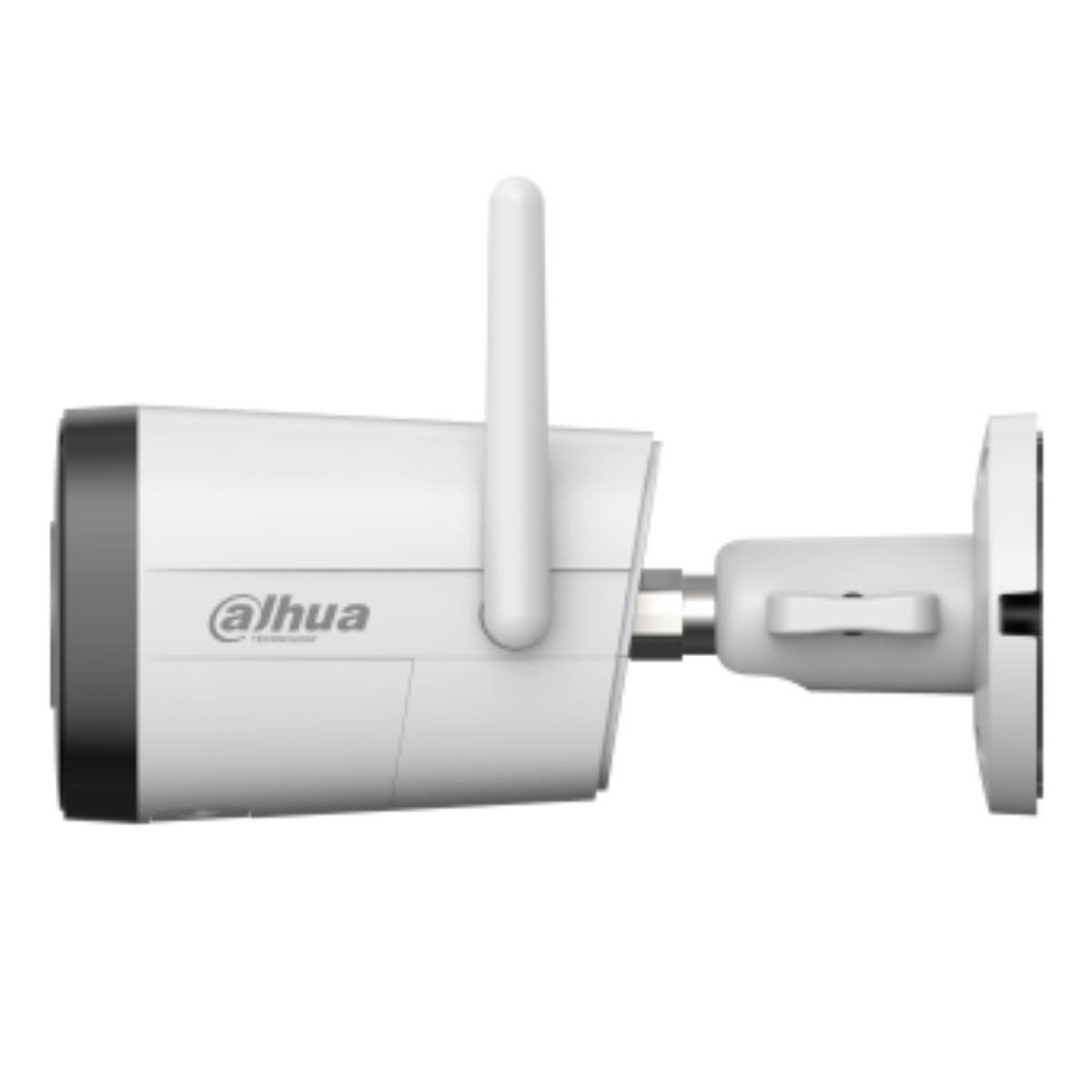 Una telecamera di sicurezza bianca con antenna e logo Dahua.