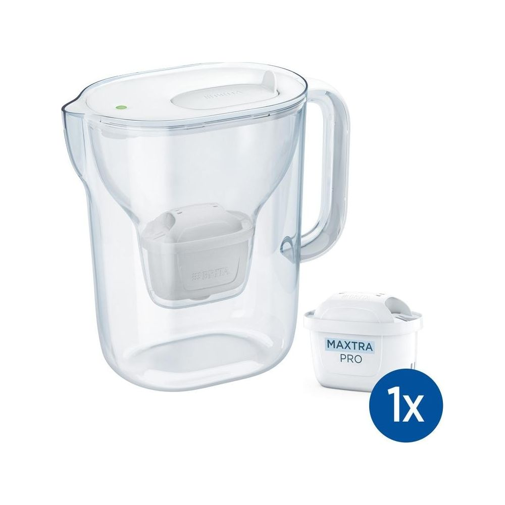 Ein transparenter Wasserfilterkrug mit einem weißen Filter im Inneren und einem zusätzlichen Filter daneben.
