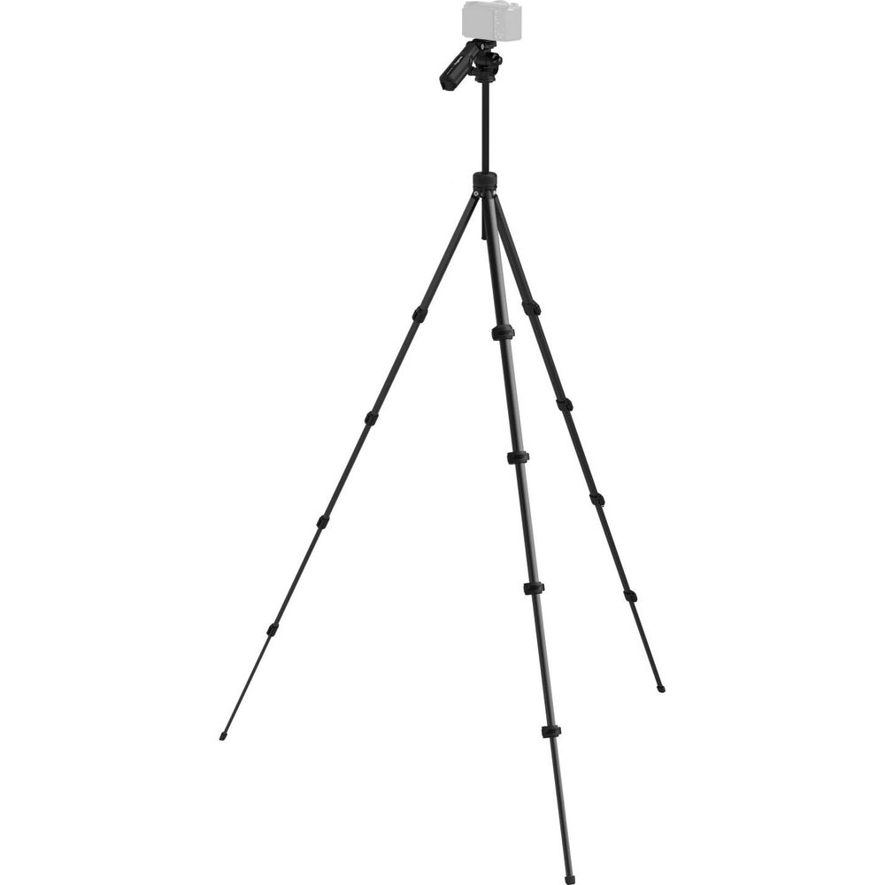 A black camera tripod with a white camera on top, isolated on a white background.