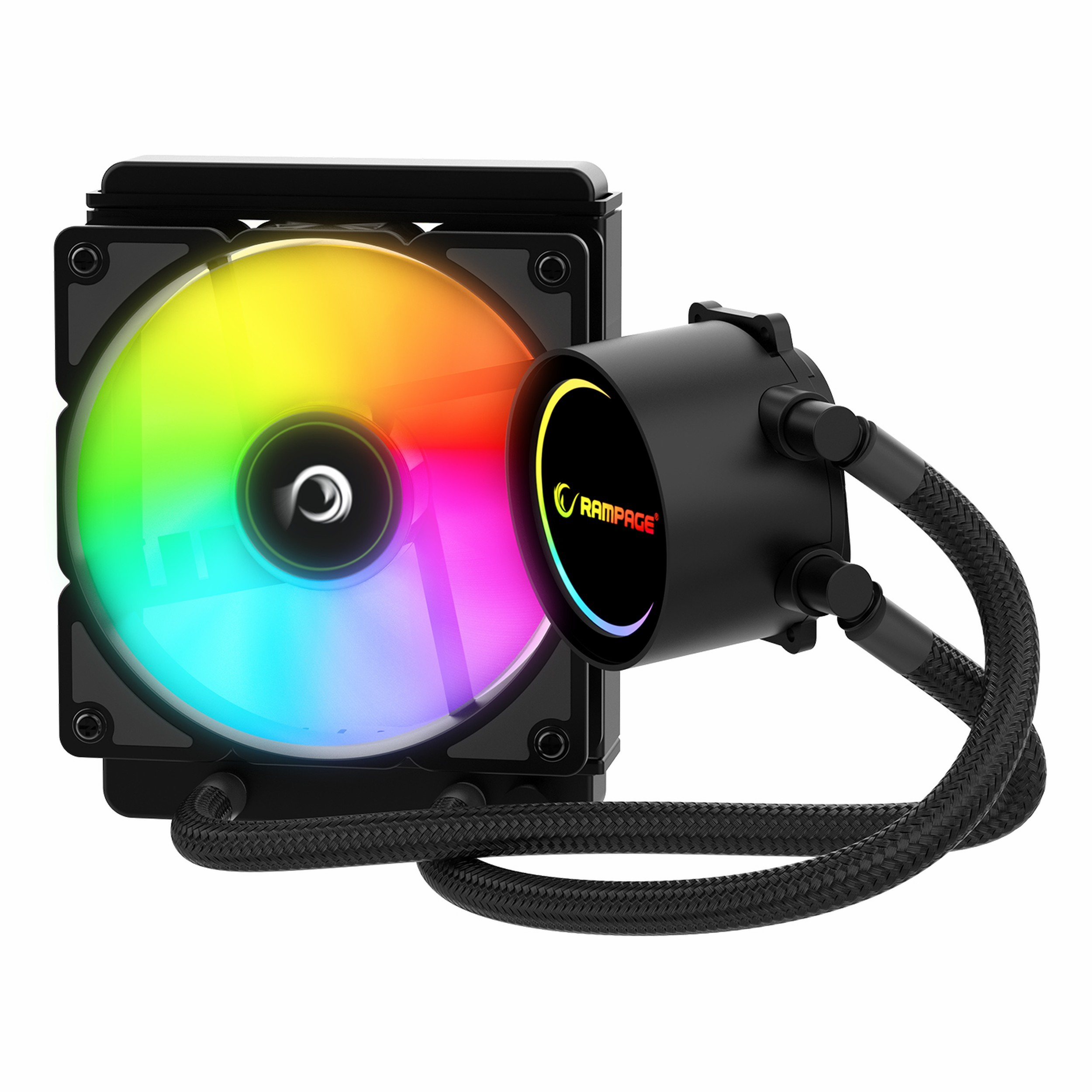 RGB fanlı ve örgülü hortumlu siyah CPU soğutucu. Rampage logosu görünür.