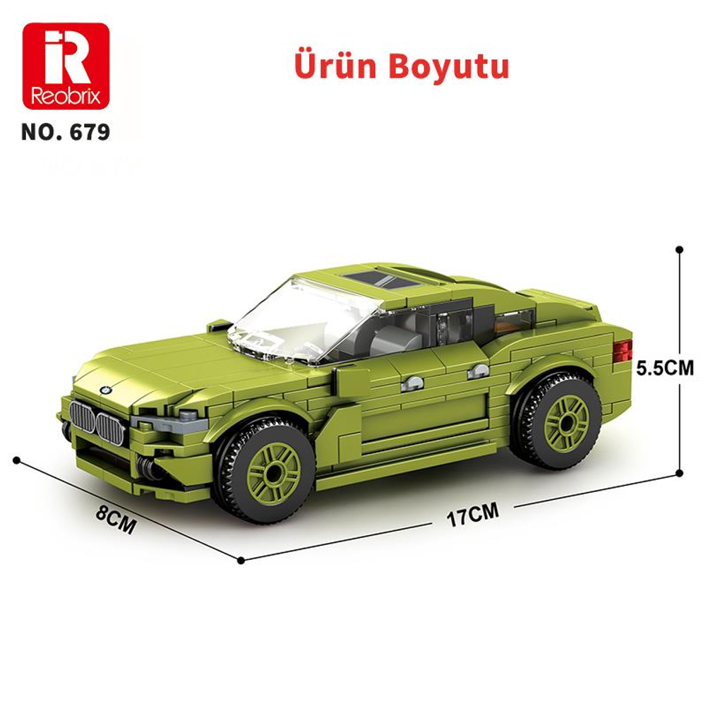 Yeşil oyuncak araba modeli boyutları gösterilmiş: 17x8x5,5 cm.