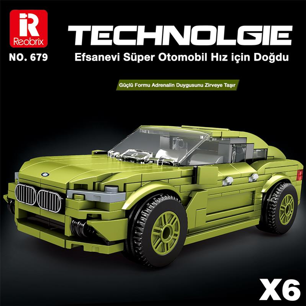 Siyah tekerlekli, lime yeşili oyuncak araba modeli. Metin: 'TECHNOLOGIE'.