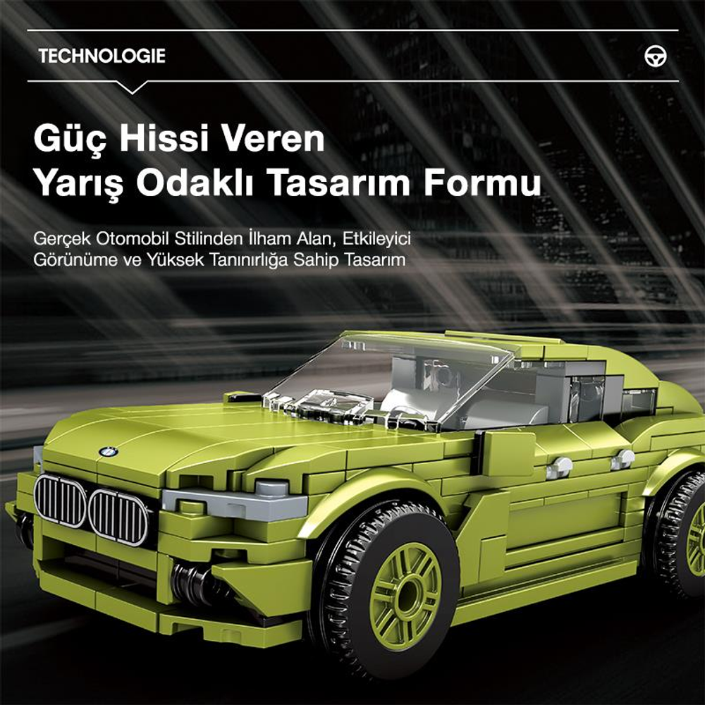 Gümüş aksanlı ve siyah tekerlekli, lime yeşili Lego spor araba modeli.