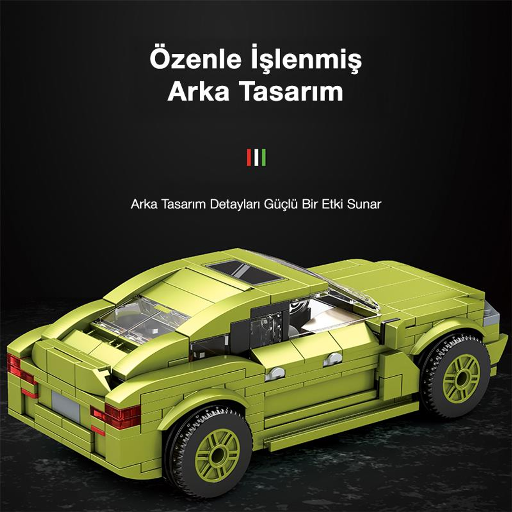 Koyu tekerlekli, detaylı arka tasarıma sahip, parlak yeşil Lego araba.