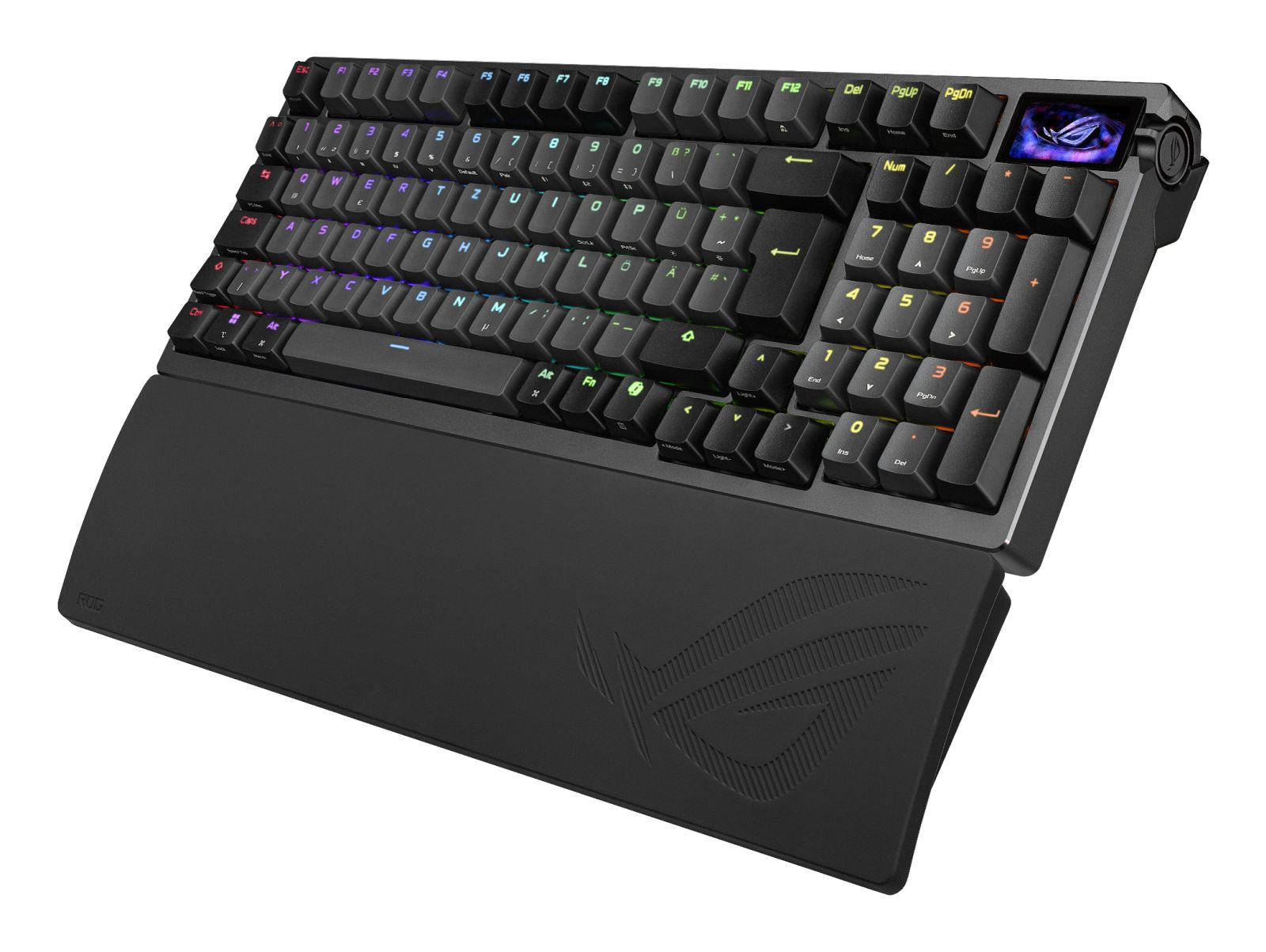 Tastiera gaming nera con logo ROG e poggiapolsi.