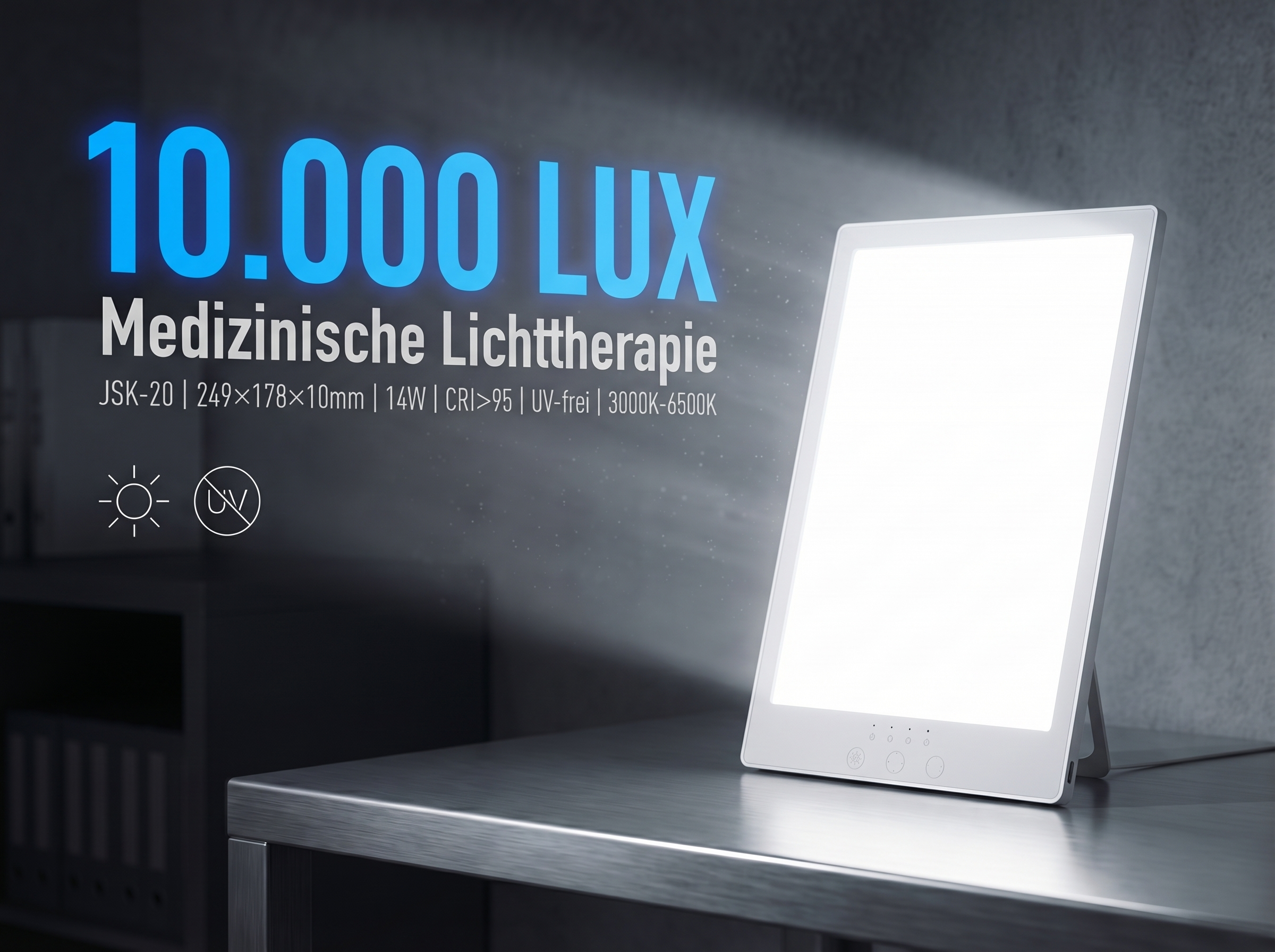 Ein helles Lichttherapiegerät steht auf einem Schreibtisch.