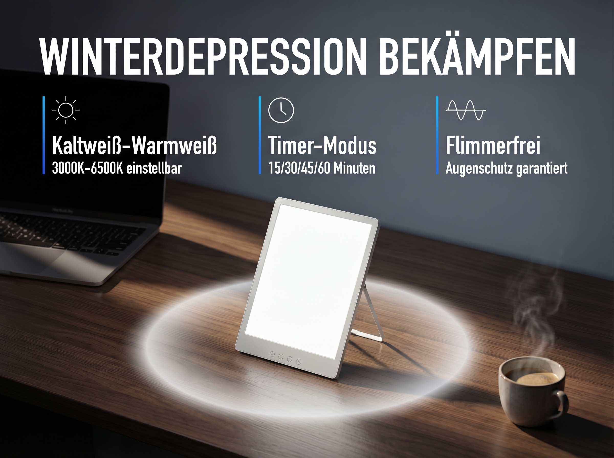 Lichttherapiegerät mit einstellbarer Farbtemperatur, Timer und flimmerfreier Funktion.