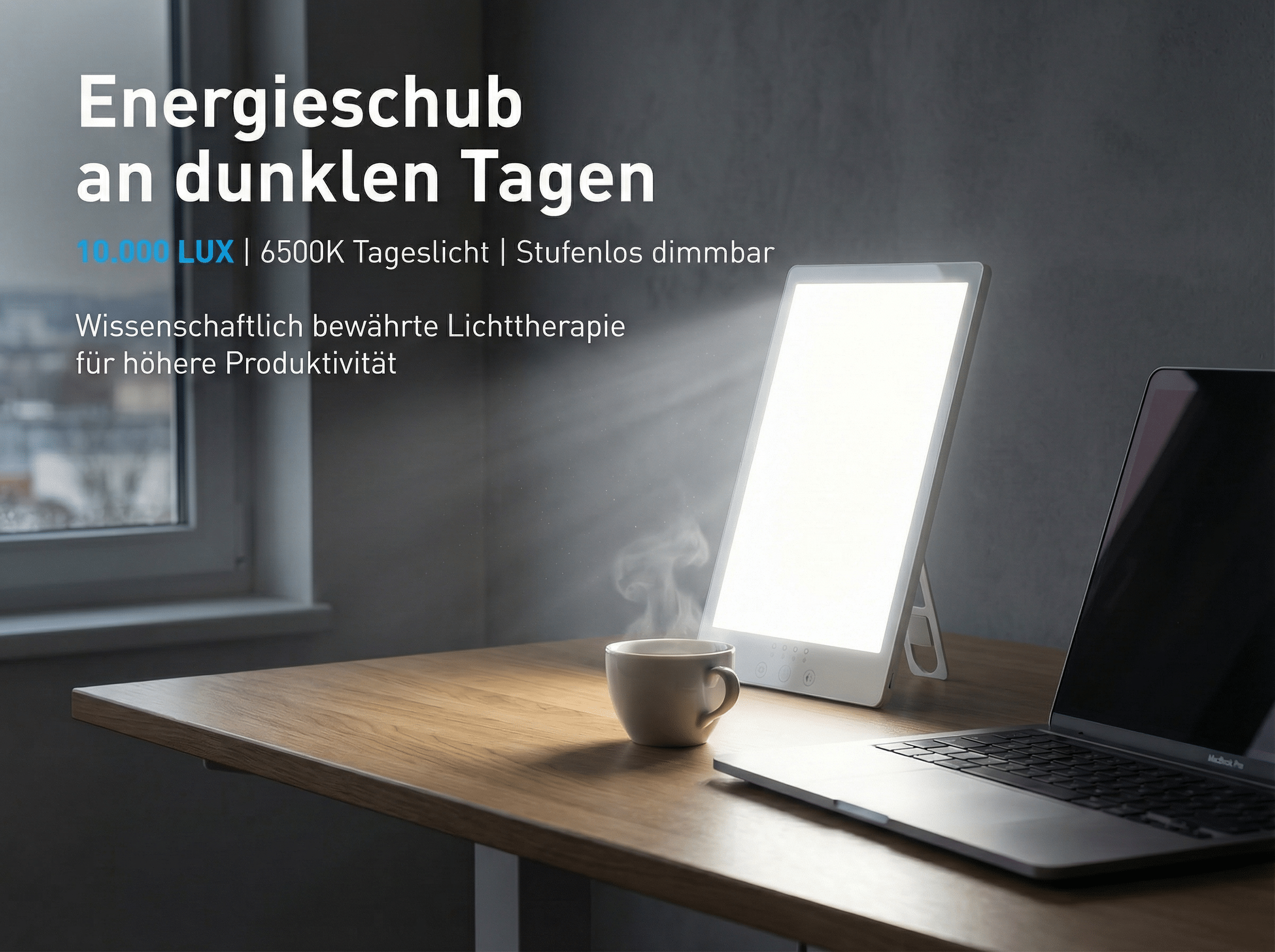 Ein heller Lichttherapie-Tisch mit einer Tasse und einem Laptop.