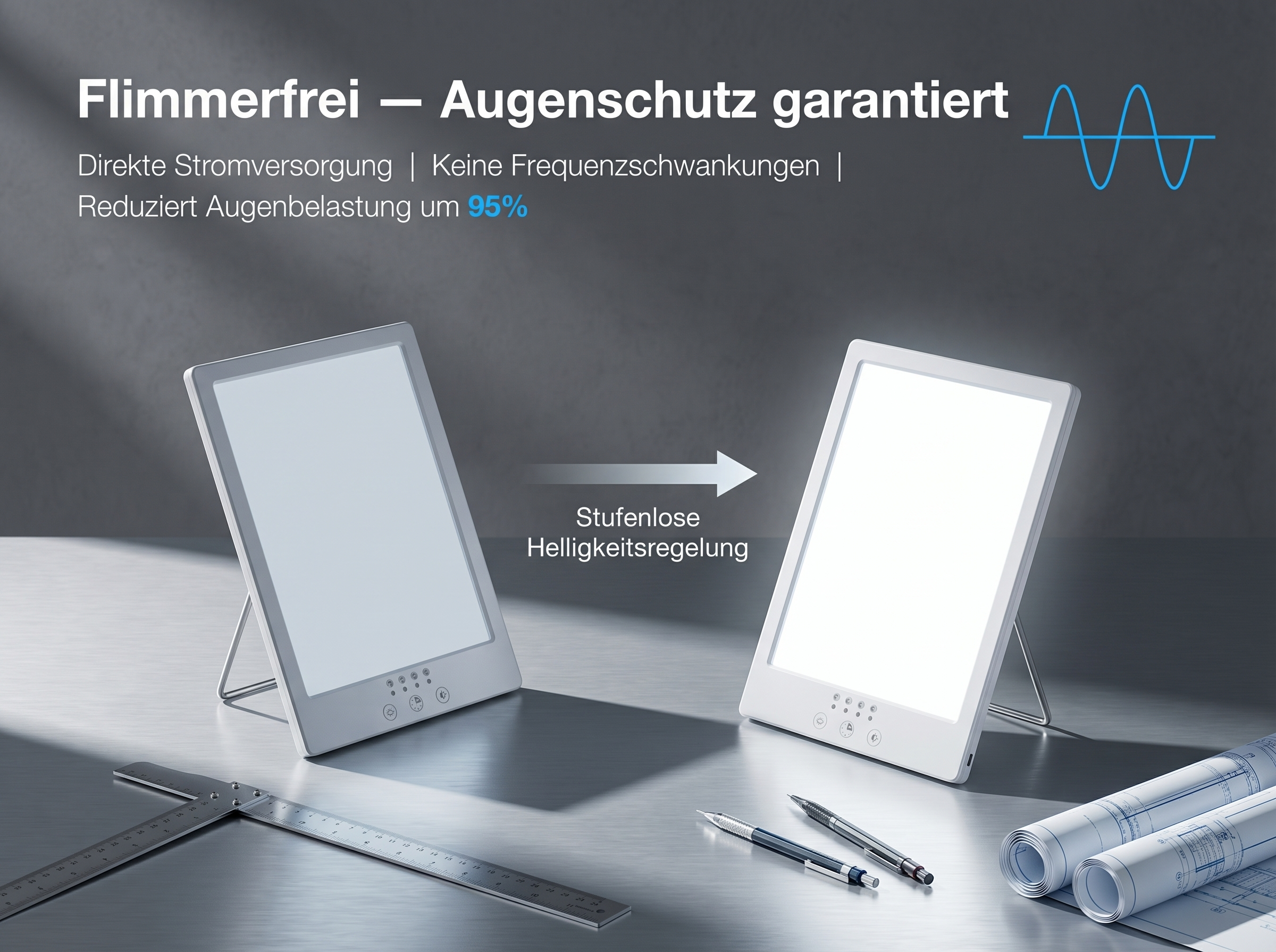 Zwei helle Lampen, eine mit stufenloser Helligkeitsregelung, auf einem Tisch.