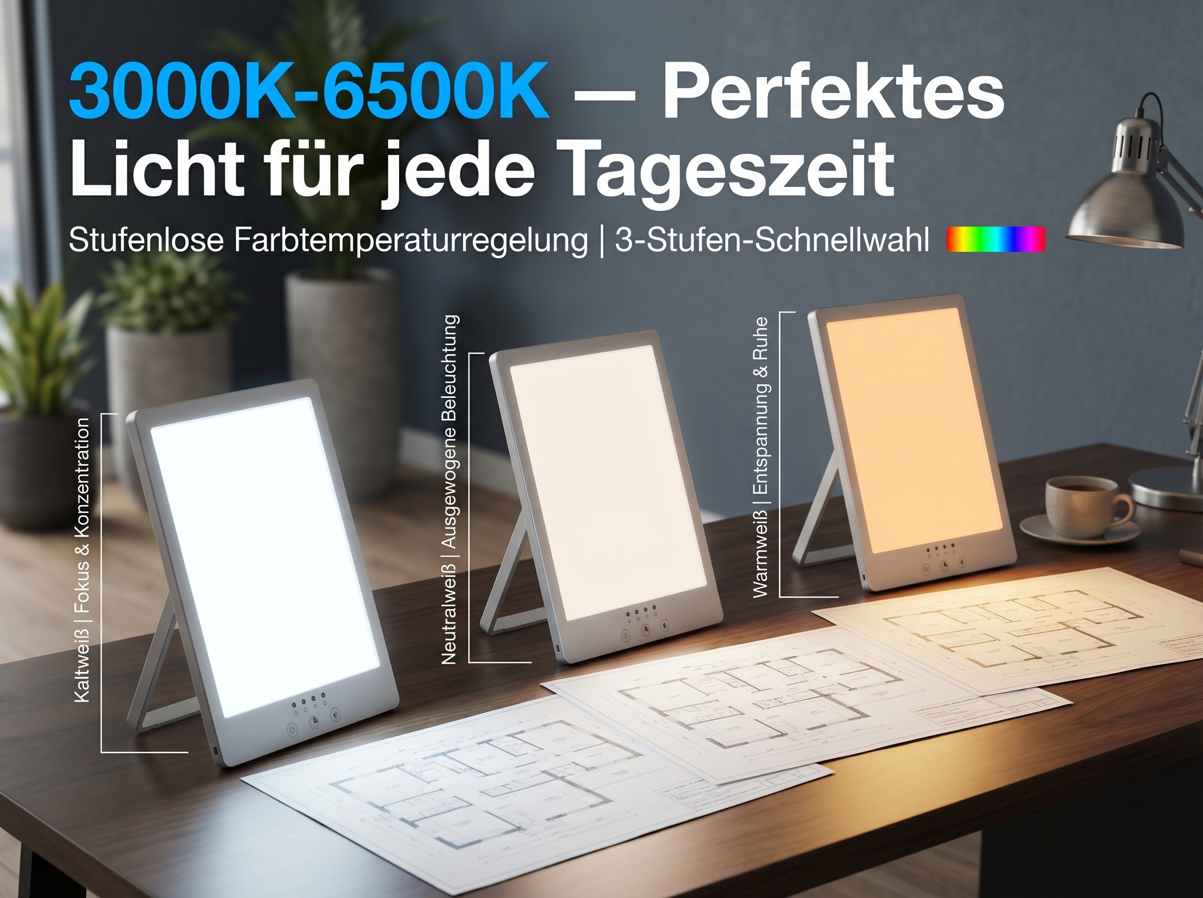 Drei Lichttherapiegeräte mit unterschiedlichen Farbtemperaturen auf einem Schreibtisch.