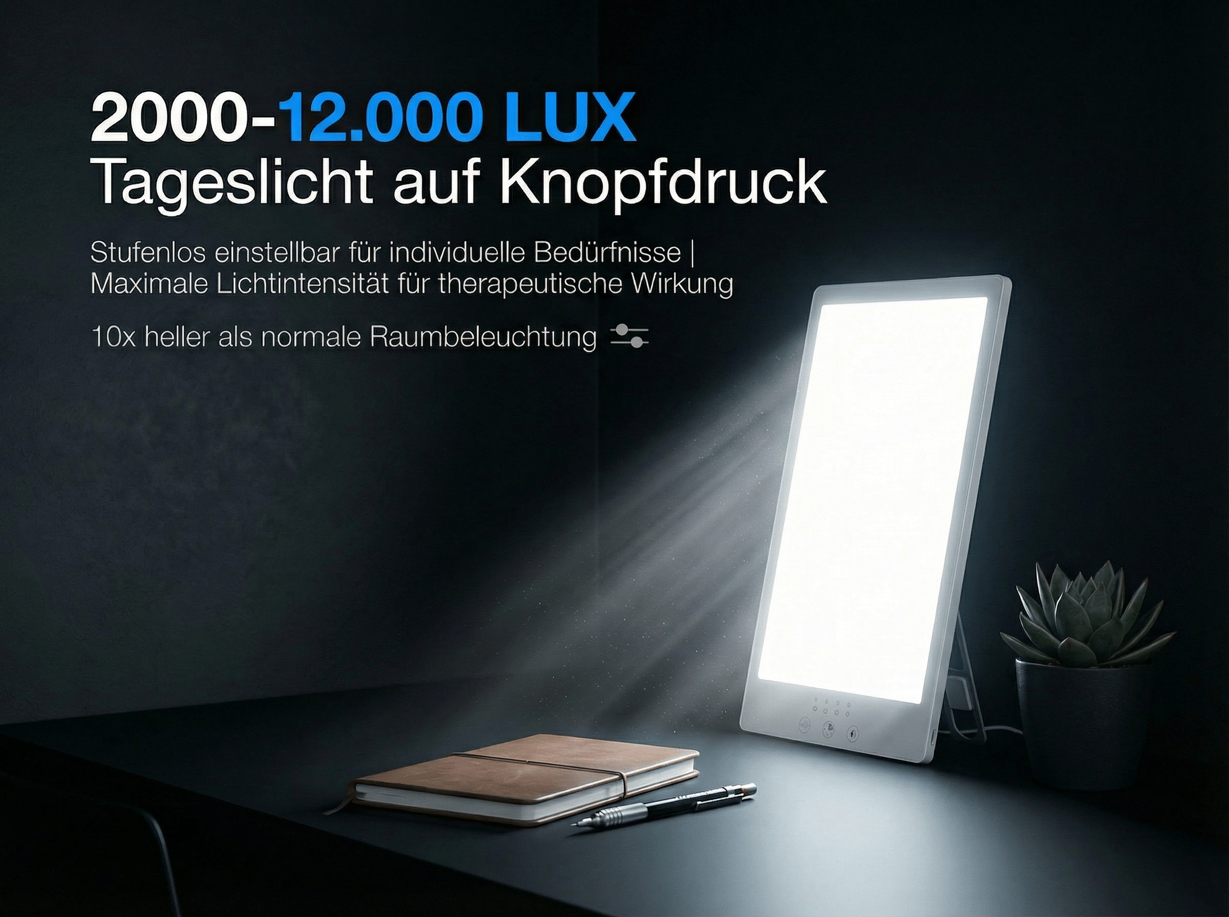 Ein helles Tageslichtgerät steht auf einem Schreibtisch neben einem Notizbuch.