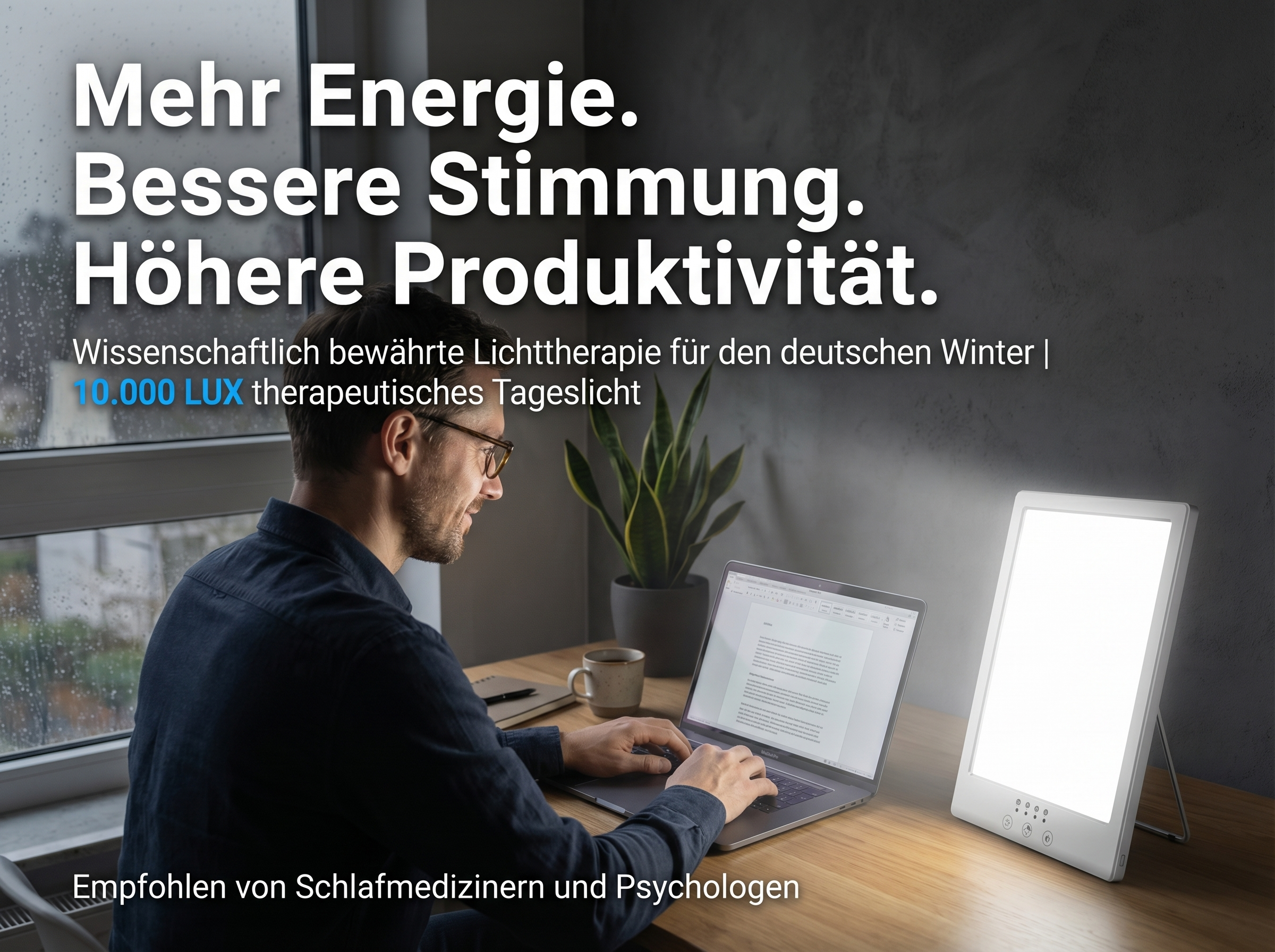 Mann nutzt Laptop neben Lichttherapiegerät mit Text 'Mehr Energie'.
